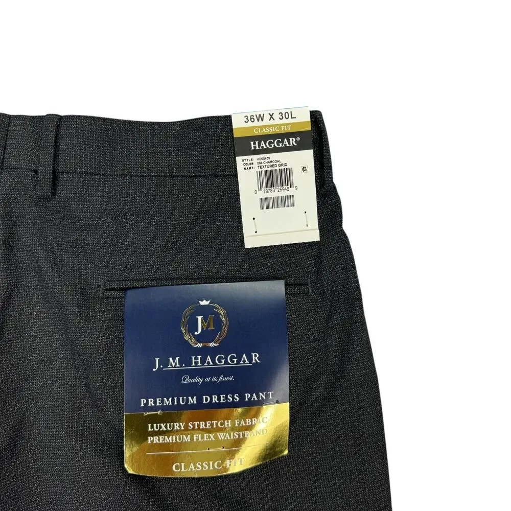 Haggar Mens 4-Way Stretch Textured Grid Classic Fit Dress Pants Charcoal 36x30